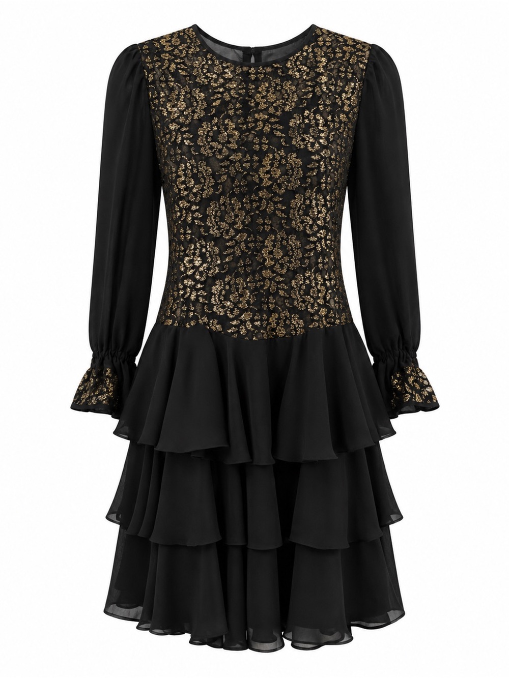 Vintage Late Edition Union made dress Black gold lace ruffle chiffon skirt 8